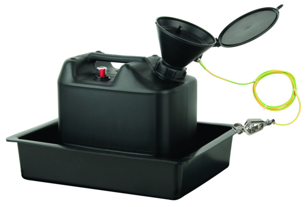 Disposal unit, with safety funnel, collecting tray and level control, HDPE, electrostatic conductive