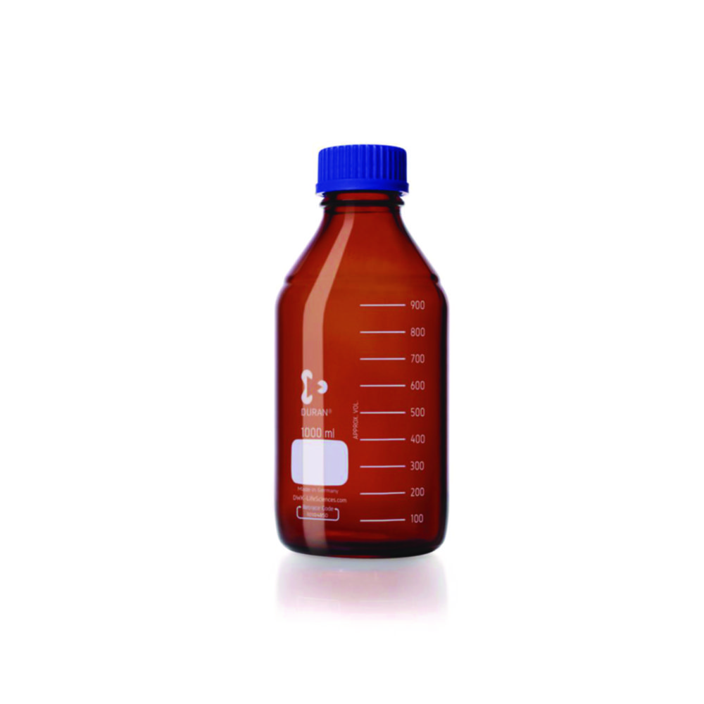 Laboratorní láhev, <sup>DURAN®</sup> jantarová, se šroubovacím uzávěrem a nalévacím kroužkem z PP