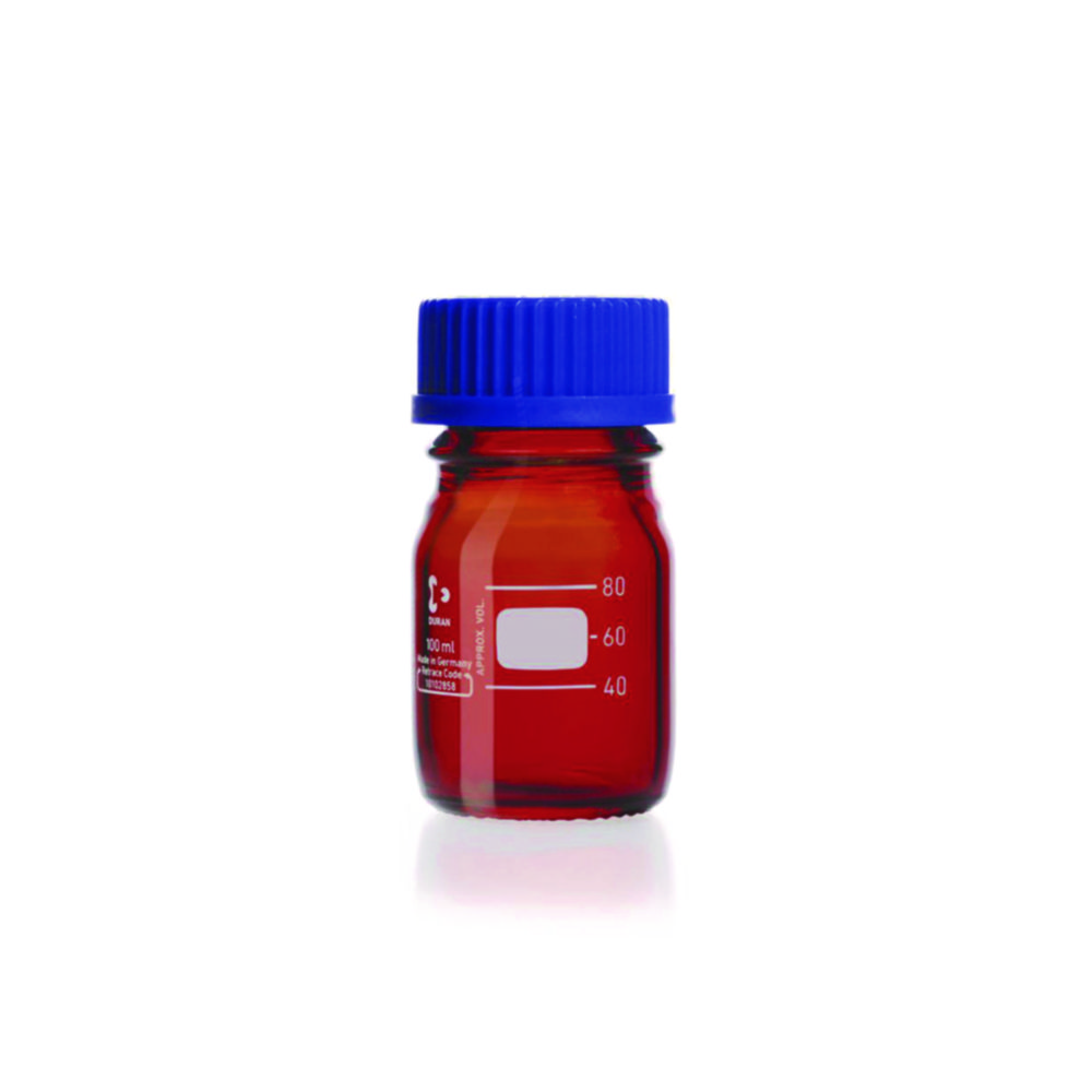 Laboratorní láhev, <sup>DURAN®</sup> jantarová, se šroubovacím uzávěrem a nalévacím kroužkem z PP