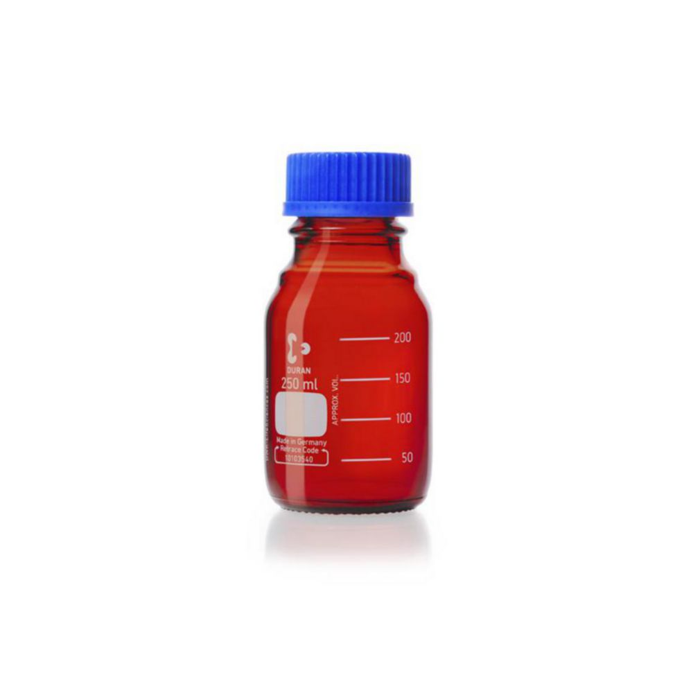 Laboratorní láhev, <sup>DURAN®</sup> jantarová, se šroubovacím uzávěrem a nalévacím kroužkem z PP