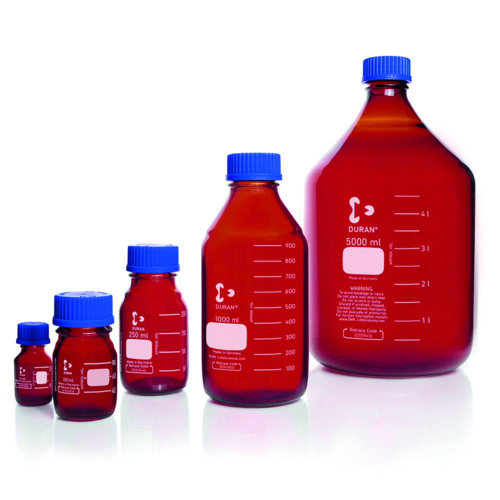 Laboratorní láhev, <sup>DURAN®</sup> jantarová, se šroubovacím uzávěrem a nalévacím kroužkem z PP