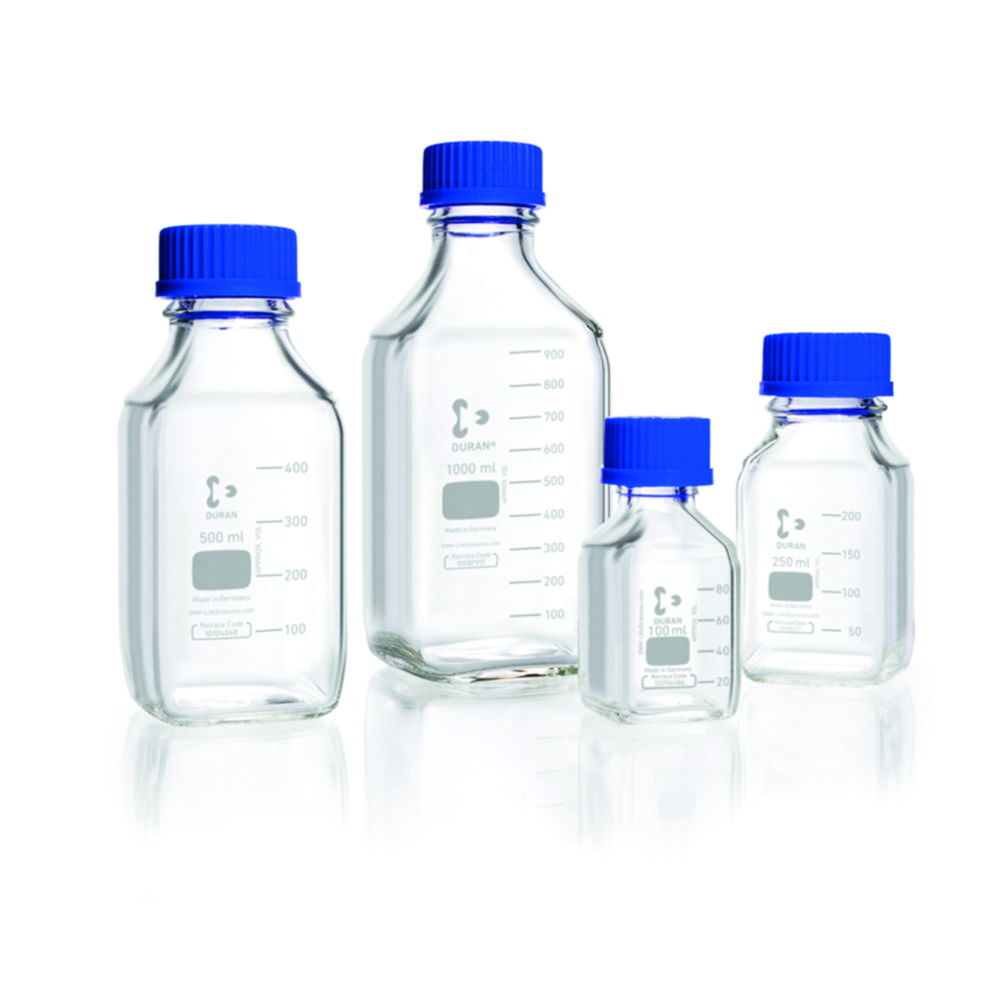 Laboratorní láhve čtvercového tvaru, <sup>DURAN®</sup>, se zpětným kódem